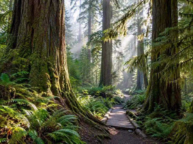 Old-growth forest trail with giant moss-covered trees near Longmire