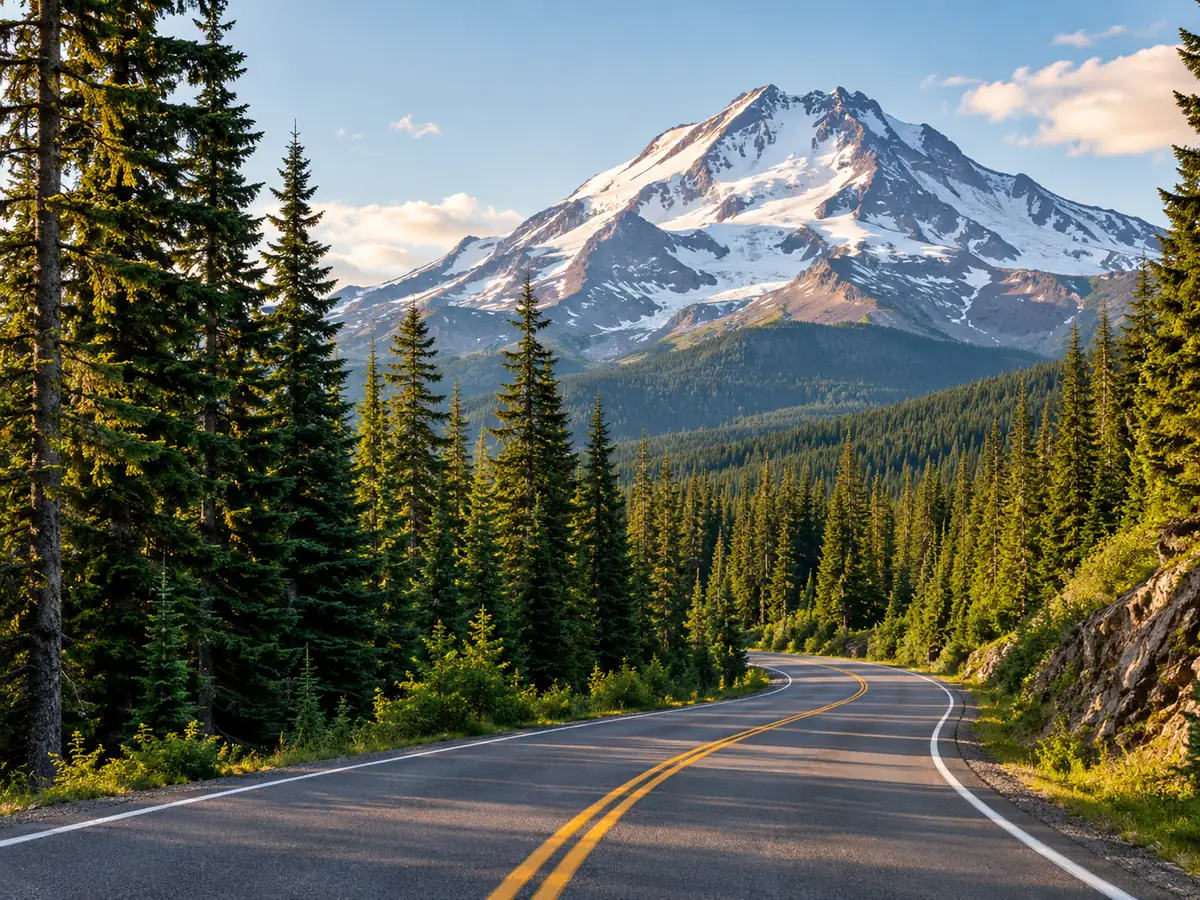 Mountain road through evergreen forest toward Mount Rainier