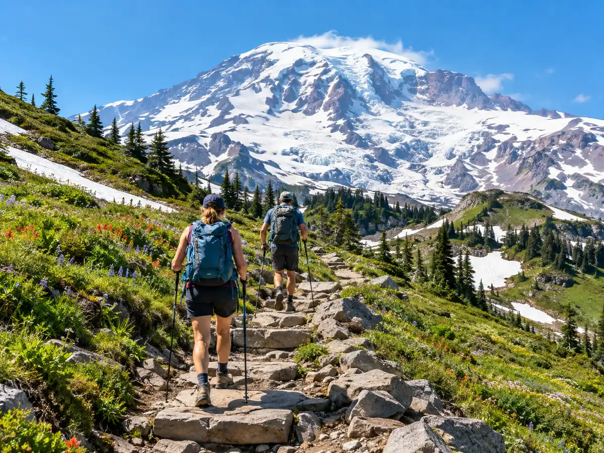 Hikers on the Skyline Trail above Paradise heading toward Mount Rainier