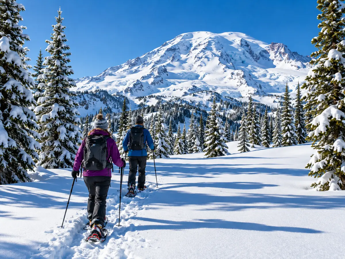 Snowshoers crossing deep snow at Paradise below Mount Rainier