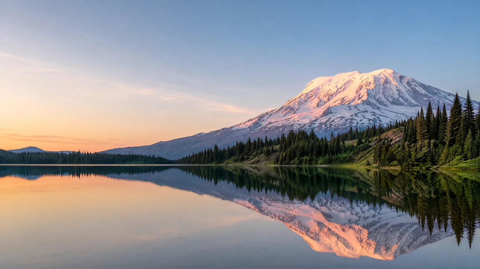 Mount Rainier at golden hour reflected in a calm subalpine lake
